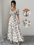 new french-style printed midi dress with cinched waist