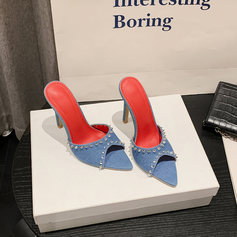 Women's high heels, sizes 35-42, 2025 new european and american style, roman sexy studded denim stiletto fashion sandals and slippers