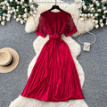 Frenchretrocut out short-sleeved dress women's summerk-style waist slimming lookclassy sense pleated long skirt work clothing