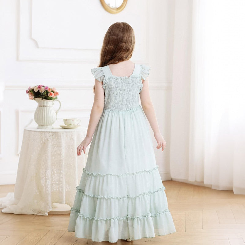 Girls' chiffon dress with ruched detail, long summer dress, ruffle shoulder straps, princess style,  new arrival, cross-border fashion for europe and america