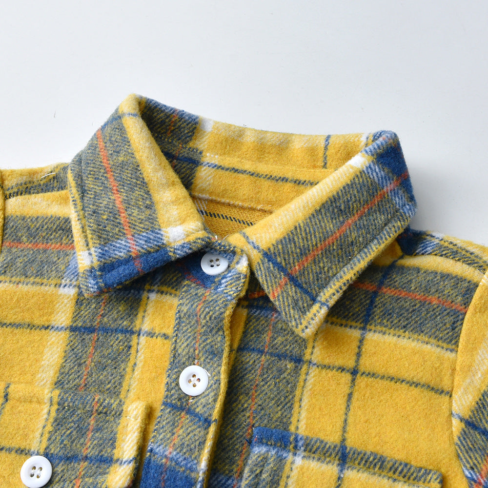Boys' long-sleeve shirt - autumn collection, new export style, winter brushed fabric, children's clothing, spring/autumn mid-to-large size plaid shirt top