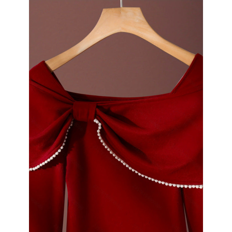 Women's new autumn/winter elegant romantic bow-decorated white lace trim slim-fit t-shirt - perfect for dates