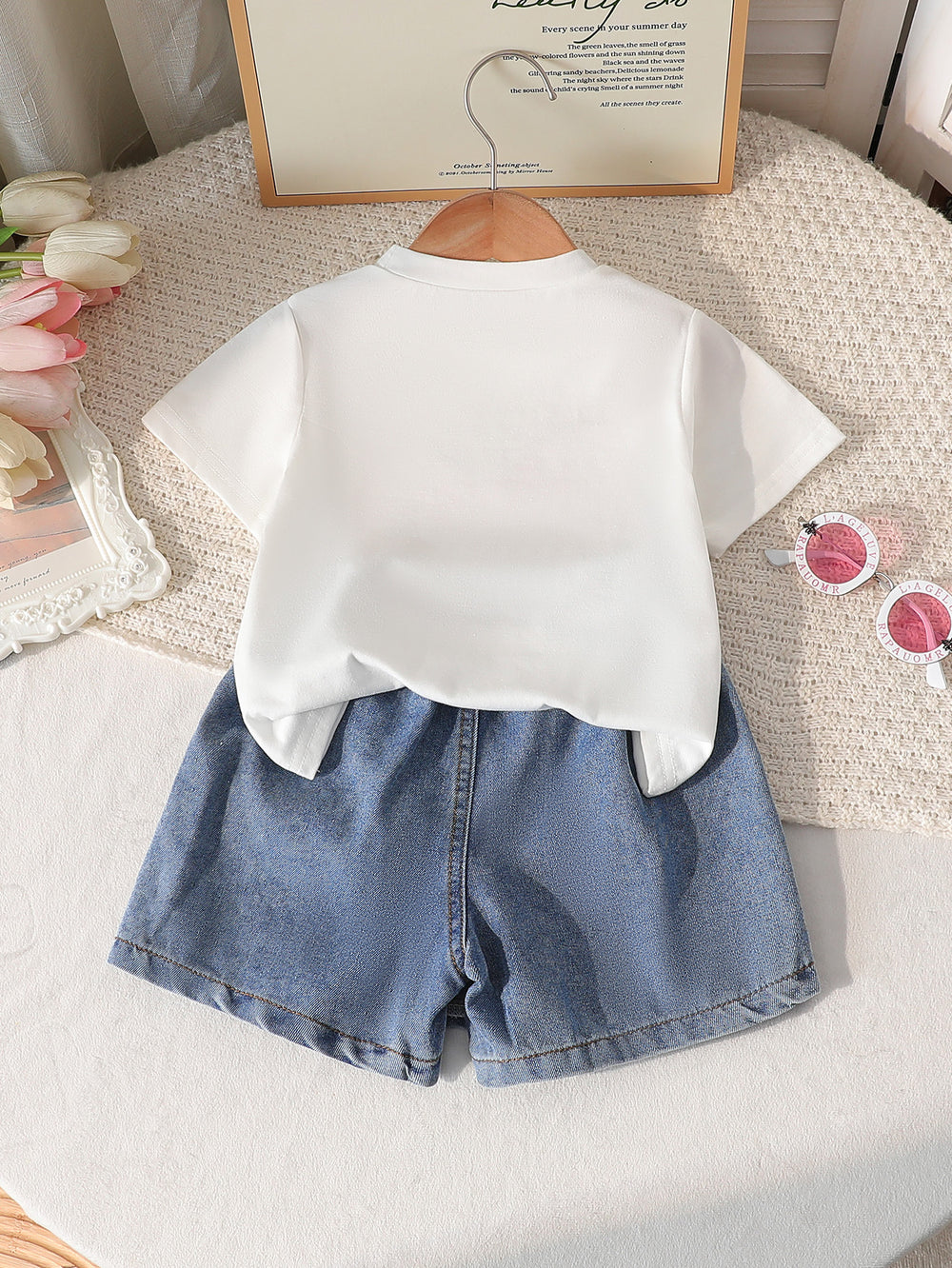 new cross-border girls' round neck printed knit top and bowknot embroidered denim pants two-piece set