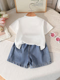 new cross-border girls' round neck printed knit top and bowknot embroidered denim pants two-piece set