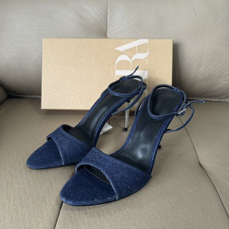 Spain 2025 summer new one-strap peep-toe hollow-out sandals, denim pointed-toe stiletto heels with metallic finish
