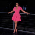 European and american cross-border women's fashion:  autumn/winter new collection - solid color short sleeve deep v-neck cinched waist versatile elegant dress