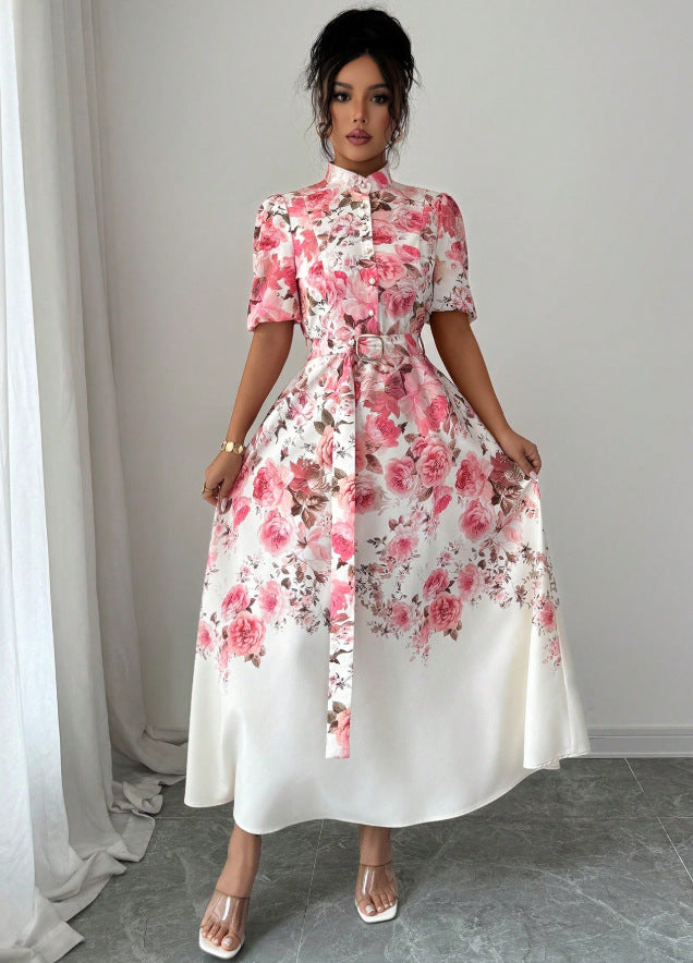 European and american niche fashion retro suit collar sleeveless cinched waist printed dress - women's slimming a-line elegant maxi dress