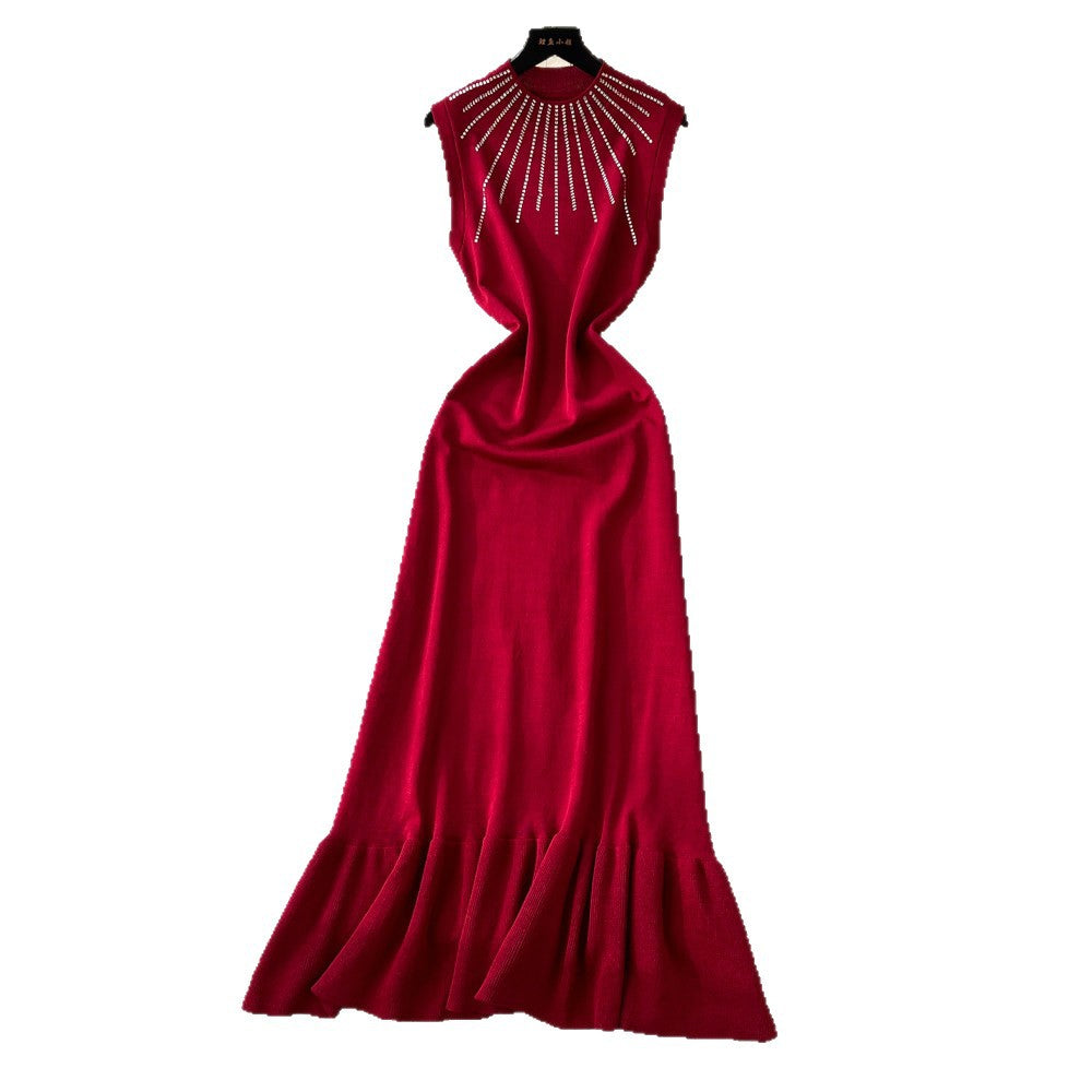 Frenchclassy sense of hot diamond round neck vest dress women's high waist waist fishtail skirt work clothingsense of design long skirt