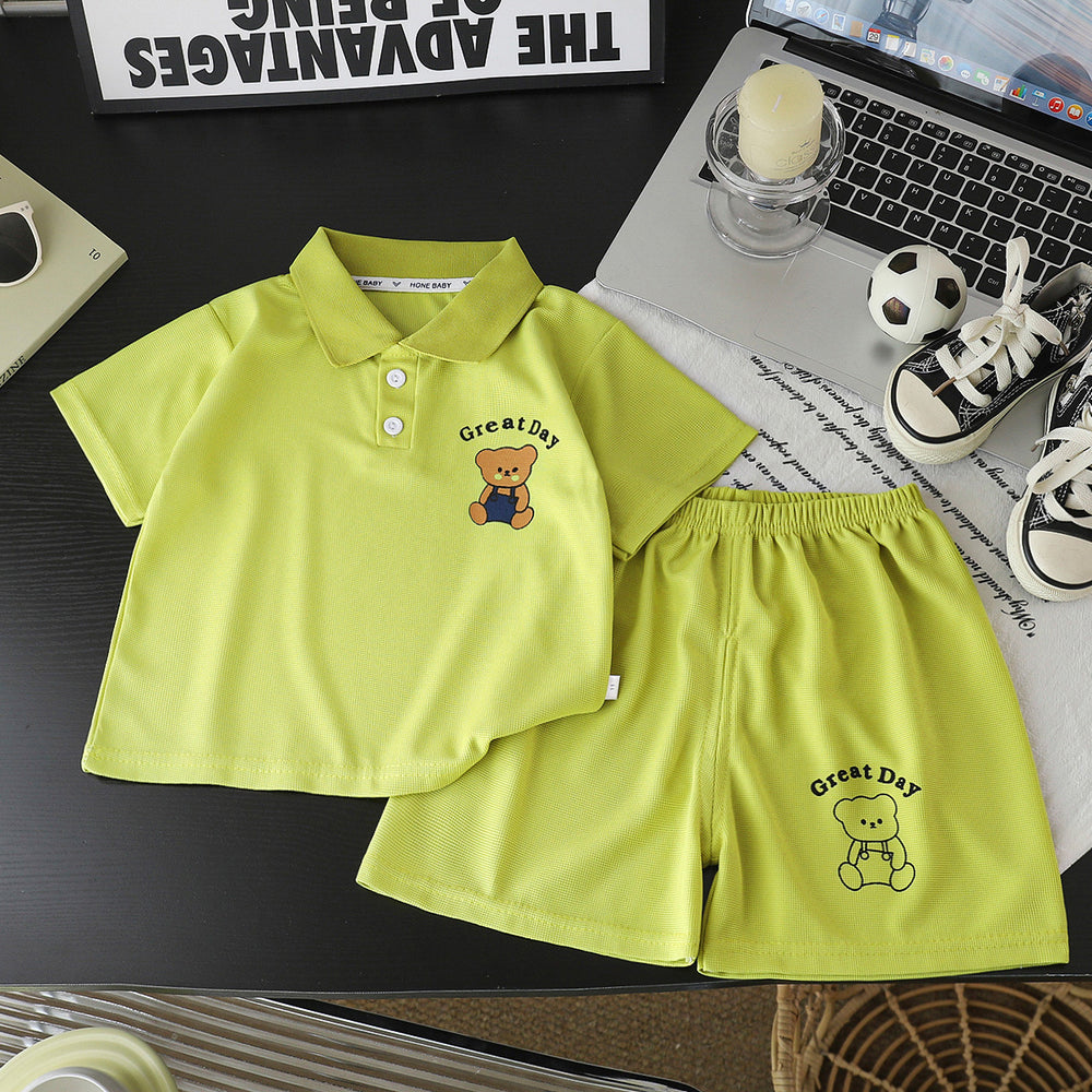 Kids' polo shirt set - boys' and girls' turn-down collar t-shirt, summer waffle knit short sleeve and shorts outfit, wholesale children's clothing (sizes for mid-to-large children)