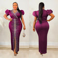 C6500   fashion women's hotfix rhinestone bubble sleeve stretch v-neck maxi dress