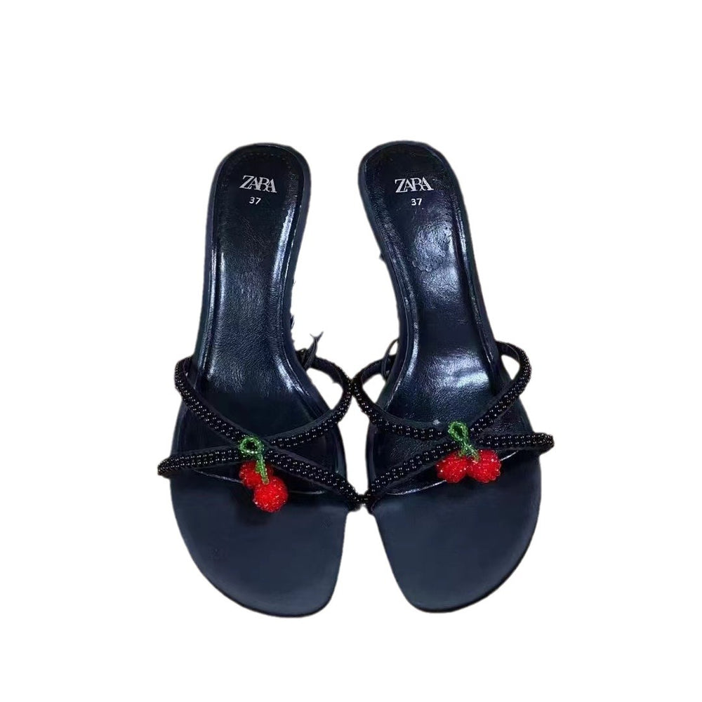 Za2024 summer new fashion high heel women's shoes beaded cherry pendant black stiletto open toe slingback pumps
