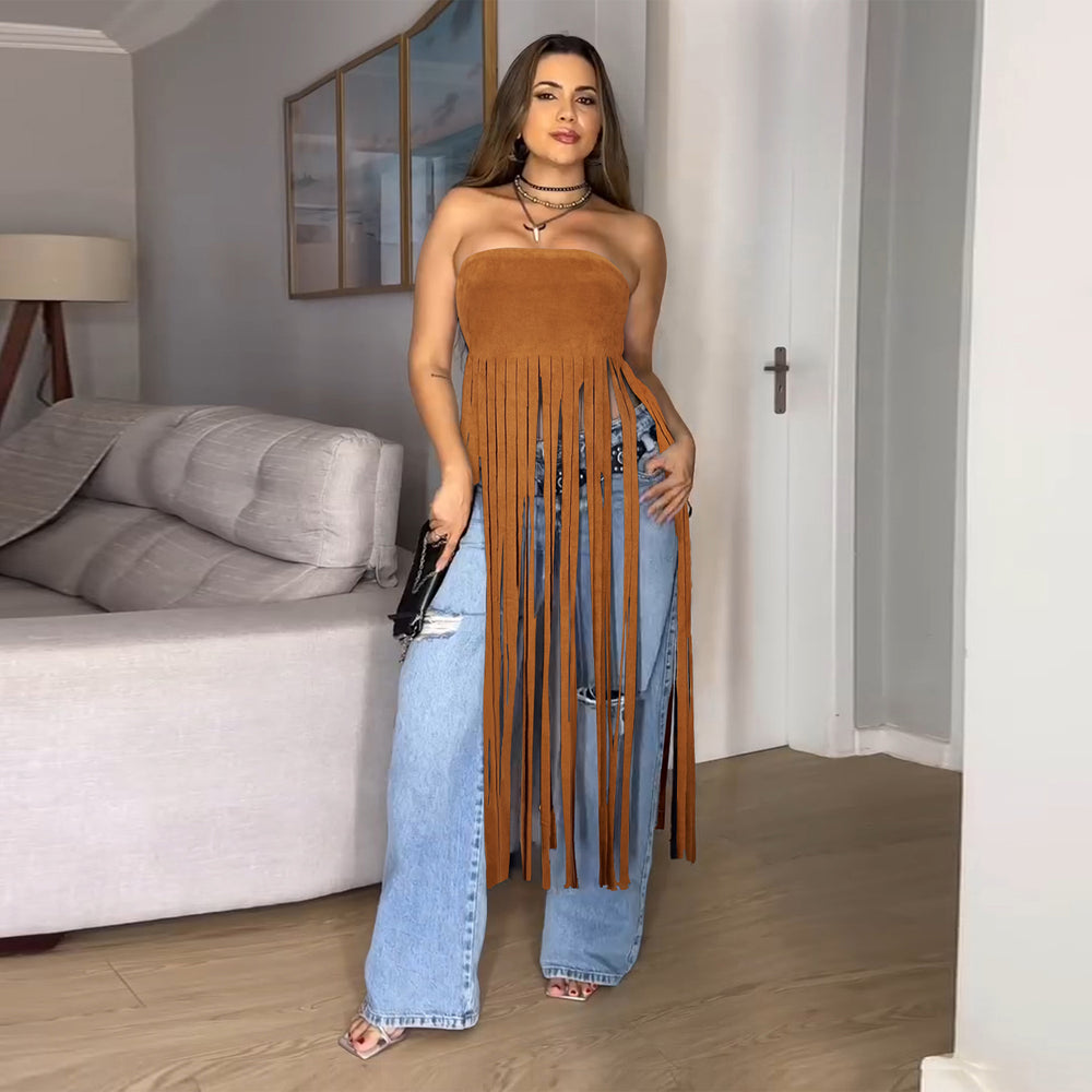 C7436 cross-border   fashion women's clothing: deerskin velvet sexy bandeau solid color tassel maxi dress