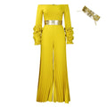 C8611   new fashion one-shoulder ruffle sleeve solid color pleated wide-leg african jumpsuit