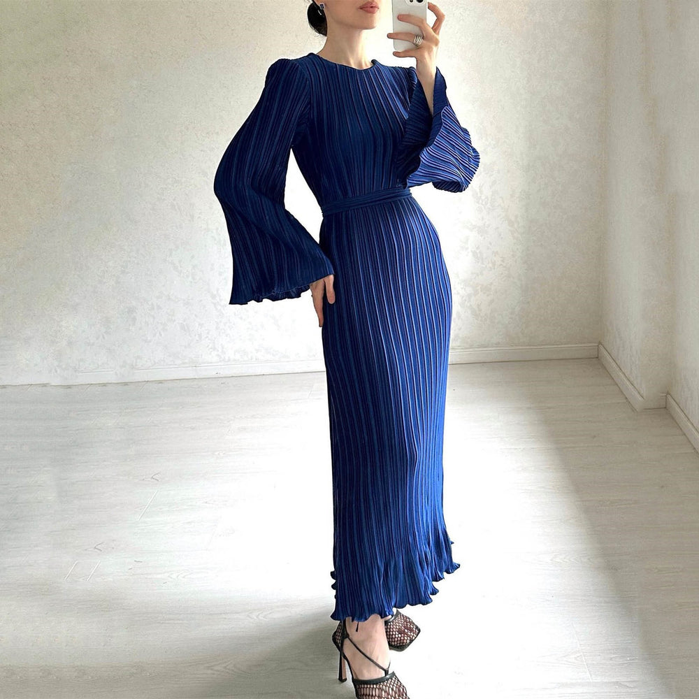 European and american cross-border women's fashion:  autumn hot-selling solid color flared sleeve round neck slim fit elegant dress
