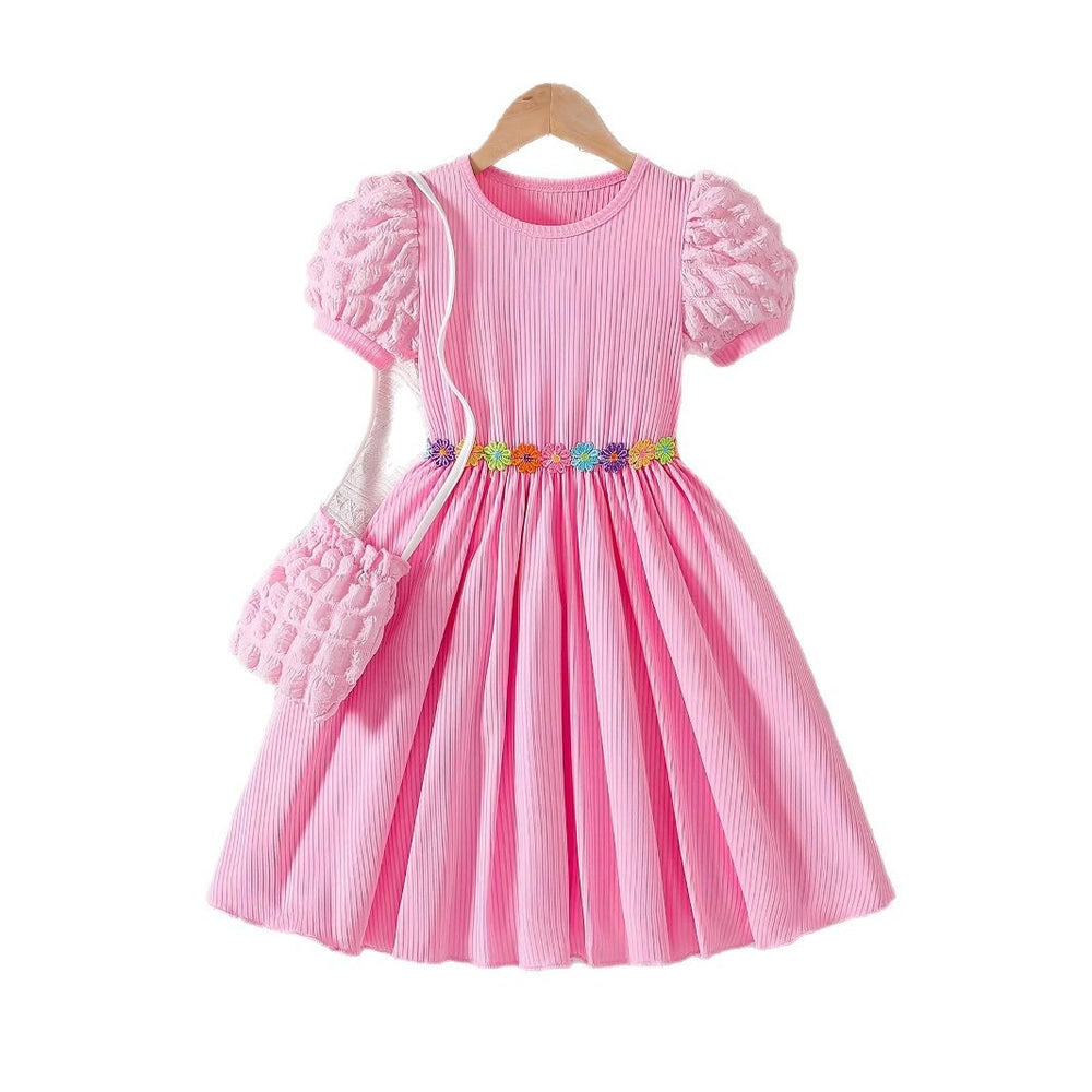 girls' dress - pink bubble sleeve, vertical stripe, floral waist design - stylish summer princess dress for girls