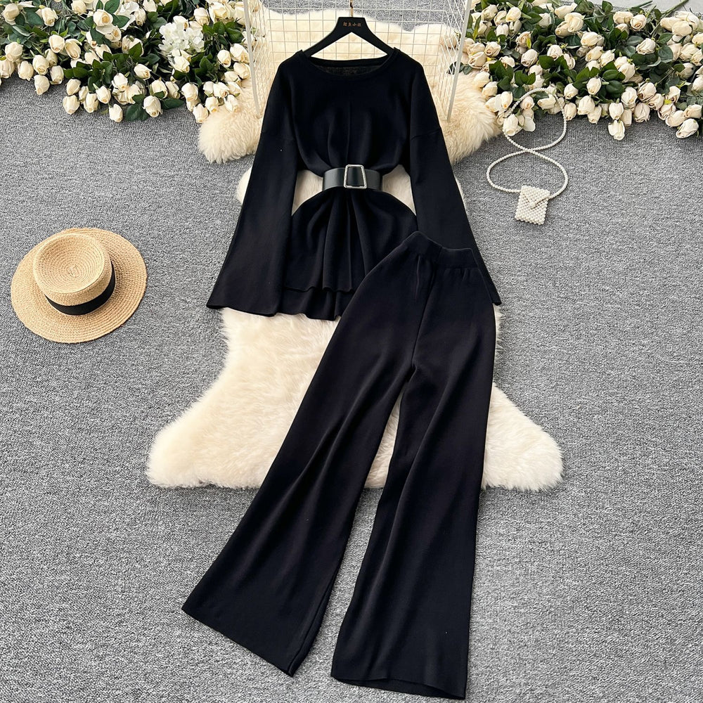 European and american chic fashion set for women - autumn/winter flared sleeve, cinched waist, loose knit sweater top with high-waisted wide leg casual pants