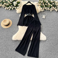 European and american chic fashion set for women - autumn/winter flared sleeve, cinched waist, loose knit sweater top with high-waisted wide leg casual pants