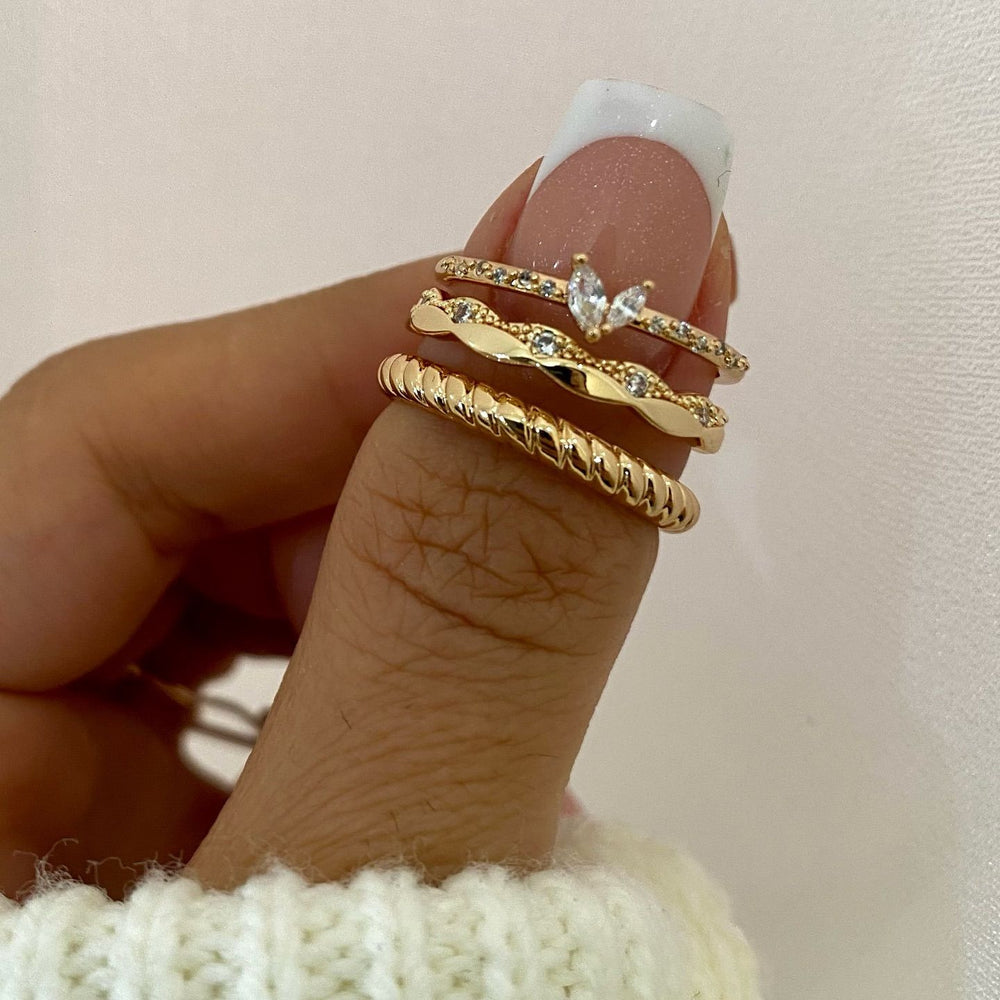 European and american cross-border jewelry: trendy ins geometric glass ring 4-piece set - elegant, versatile, diamond-studded stackable hand jewelry for women