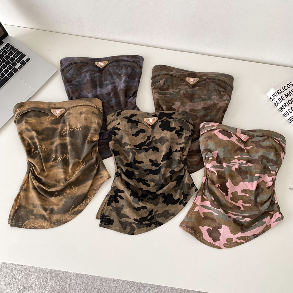 Sexy hot girl style camouflage tube top vest women's summer silm waist slimming lookwork clothing beautiful back suspender tops
