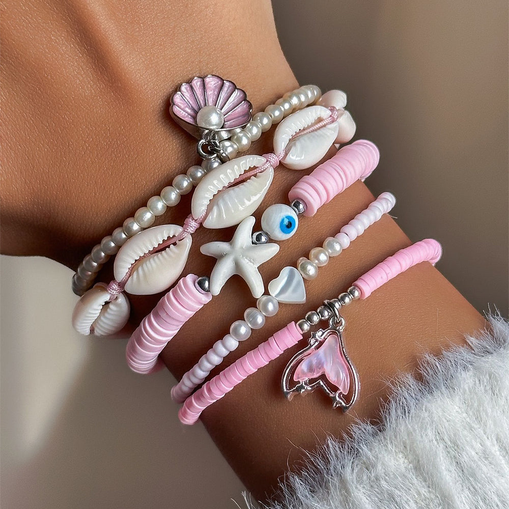 Wholesale seashell bracelet jewelry - cross-border summer ocean style starfish bracelet - trendy pink polymer clay pearl bracelet for women