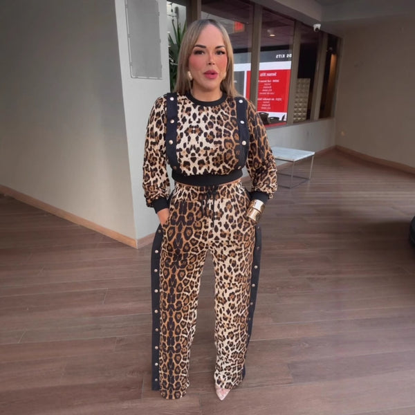 S10958 Leopard print splicing round neck long-sleeved pants set two-piece set