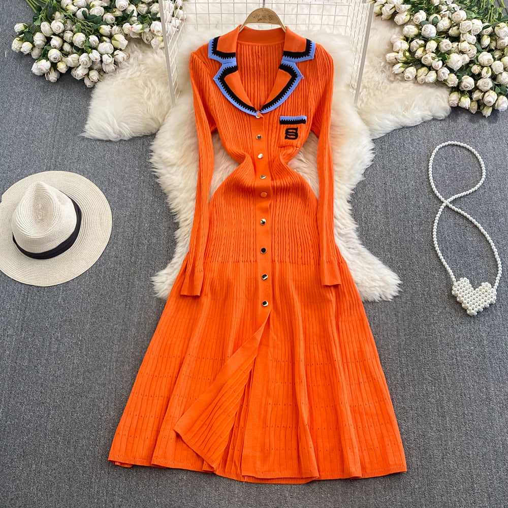 Fall and winter tweed style socialite short-sleeved contrast colorembroider suit collar waist slimming look single-breasted a-line knittingdress