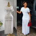 export french chic pearl embellished short-sleeve knitted dress - women's fitted waist pleated elegant maxi dress