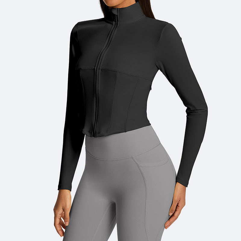 Jinke cross-border yoga outwearshortlong sleeves waist tight tops zipper stand collar sports fitness women