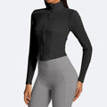 Jinke cross-border yoga outwearshortlong sleeves waist tight tops zipper stand collar sports fitness women
