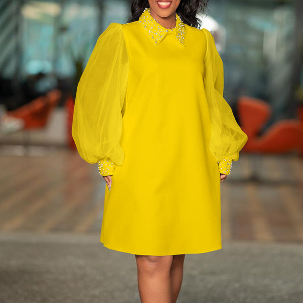 D371 European and American women's clothing  2023 new fashion net yarn sleeve bead temperament African large size  dress