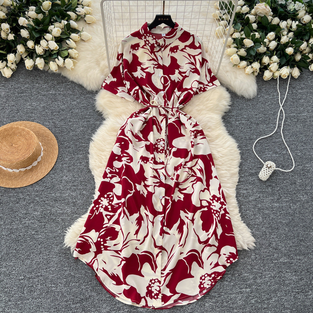 European and american style printed short-sleeve dress - women's autumn polo collar tie-waist design, unique and chic, elegant maxi dress