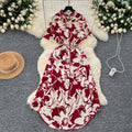 European and american style printed short-sleeve dress - women's autumn polo collar tie-waist design, unique and chic, elegant maxi dress