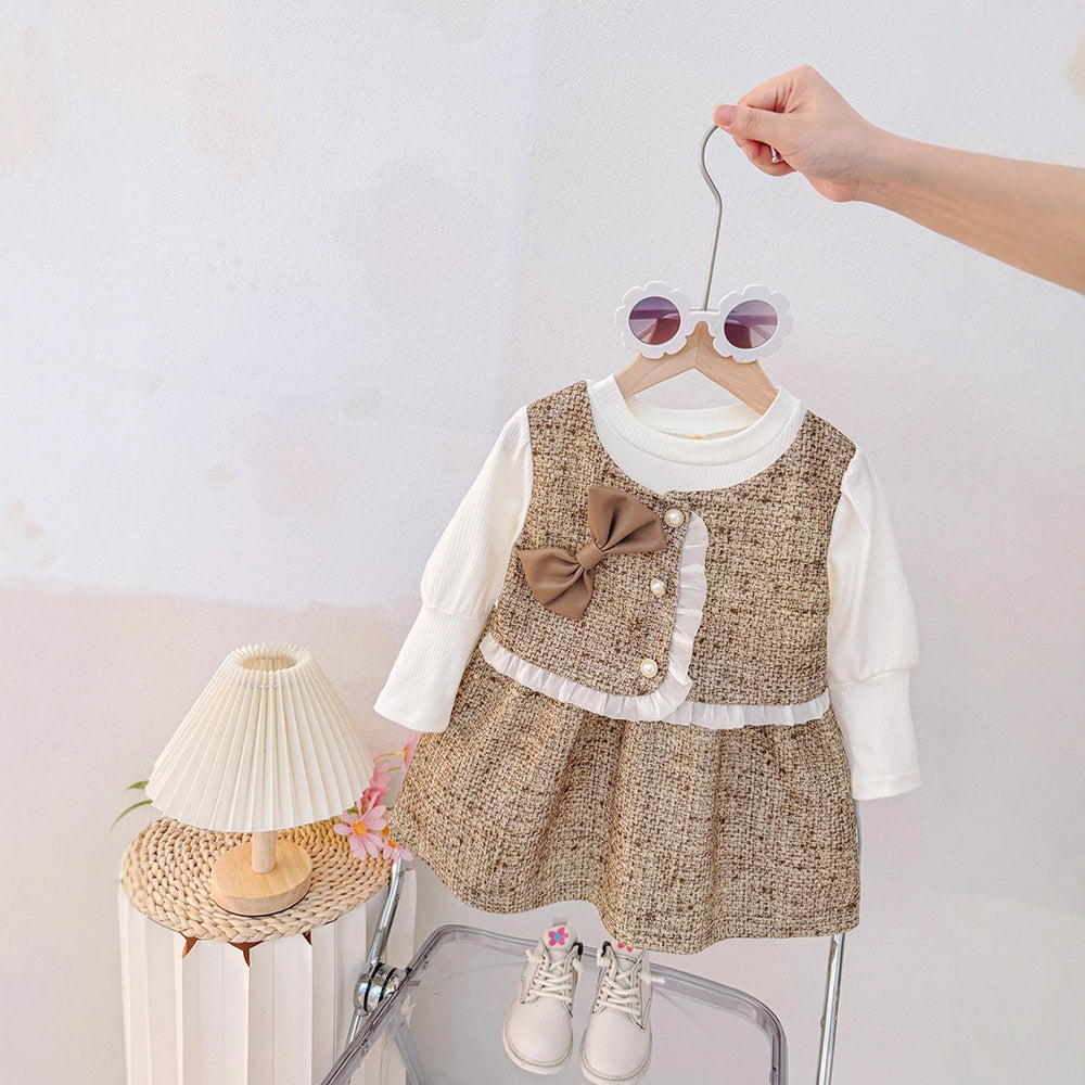 Sweet and chic two-piece look dress for girls: stylish bowknot plaid lace suspender skirt spring/autumn outfit