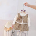 Sweet and chic two-piece look dress for girls: stylish bowknot plaid lace suspender skirt spring/autumn outfit