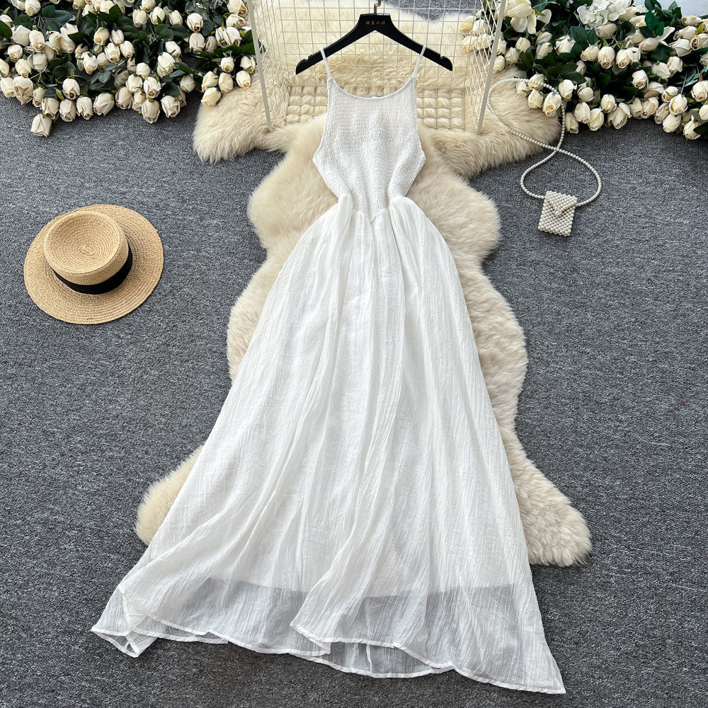 French riviera style yellow slip dress - women's spring  high-waisted, slimming, ethereal, flowy a-line maxi dress for summer
