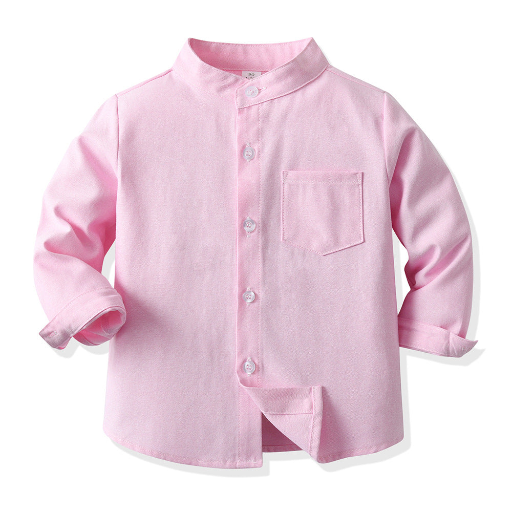 Inner wear cross-border children's clothing kids candy color shirt spring boys shirt medium and large children stand collar boys shirt long sleeves