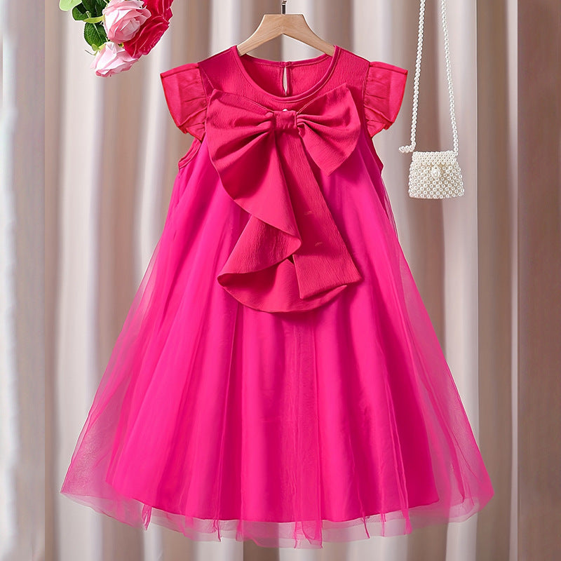 Pink girls' dress - mesh bowknot pleated princess dress - sleeveless a-line sundress for toddlers and young children