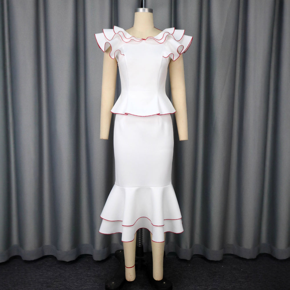 Elegant women's ruffle trim color block top and figure-flattering fishtail midi skirt two-piece set