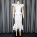 Elegant women's ruffle trim color block top and figure-flattering fishtail midi skirt two-piece set