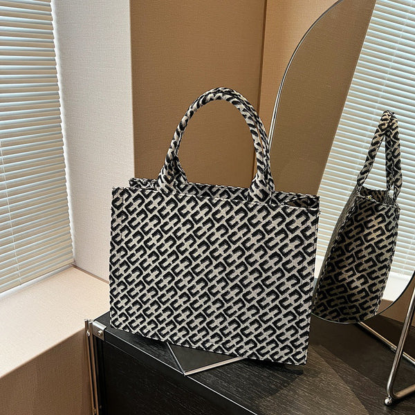 Large-capacity bag, high-end winter canvas jacquard handbag, office worker commuter shopping bag, shoulder tote bag.