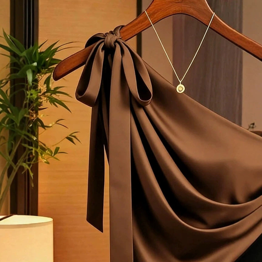 Amazon  cross-border e-commerce new arrival  solid color satin ruched bow blouse top