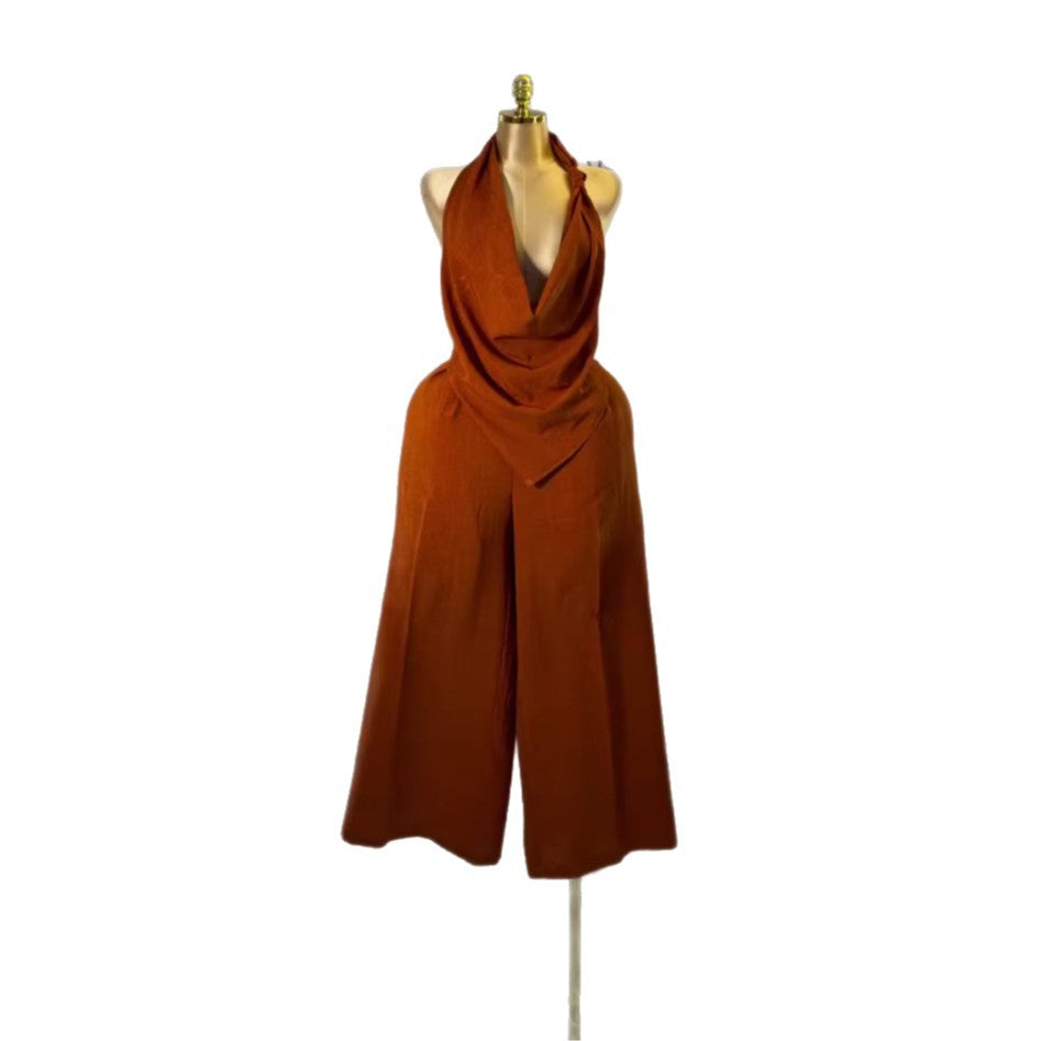 European and american cross-border women's fashion  summer new arrival: elegant and high-end halter neck sleeveless top and wide-leg pants set