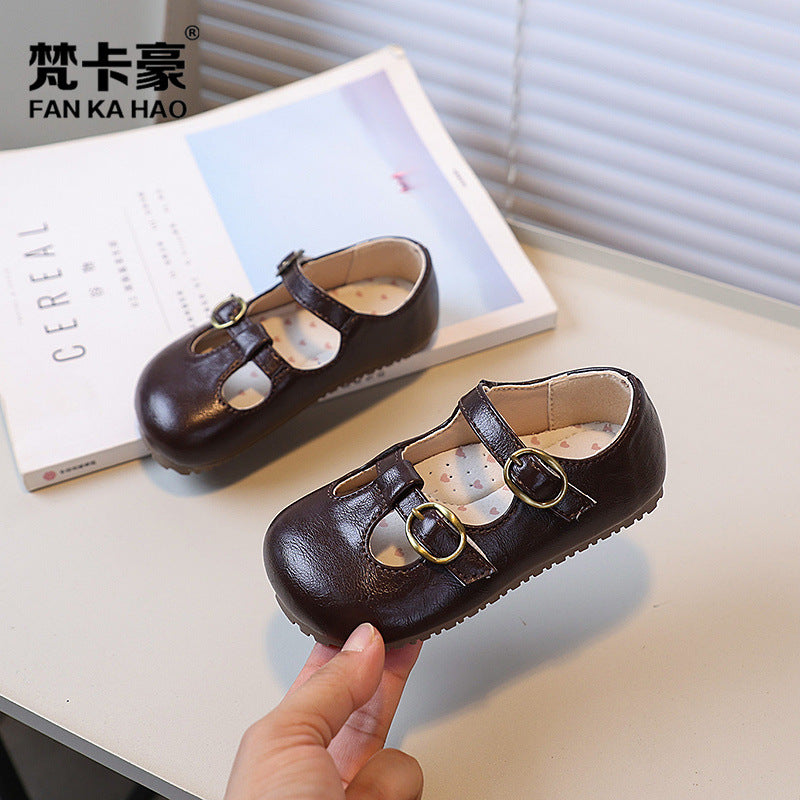 Vancahao girls' black leather shoes, new autumn  collection, soft-soled princess shoes, single shoes, british style baby shoes