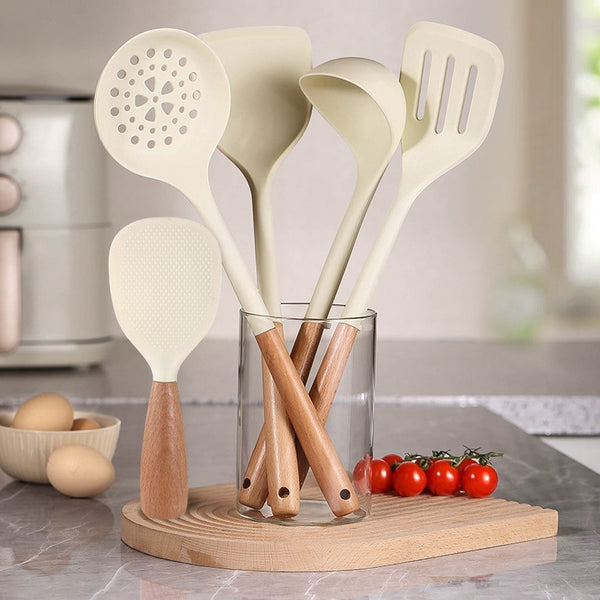Silicone spatula non-stick pan special household high temperature resistant cooking spatula extended wooden handle leak spatula fishing hedge can stand rice spoon