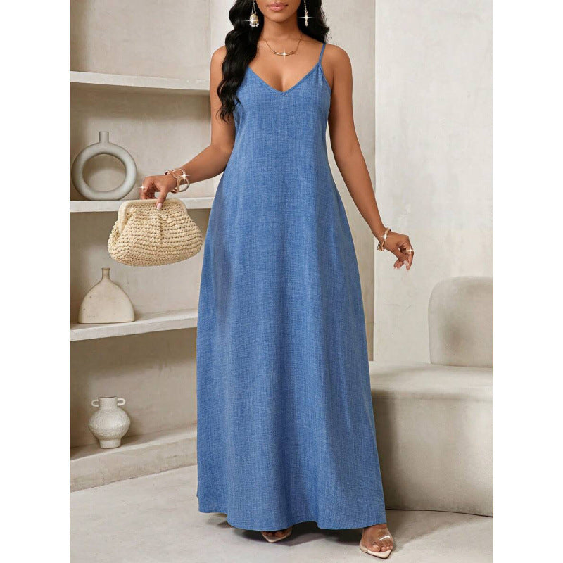 Amazon european and american bohemian style backless loose dress women's  summer new simple skirt