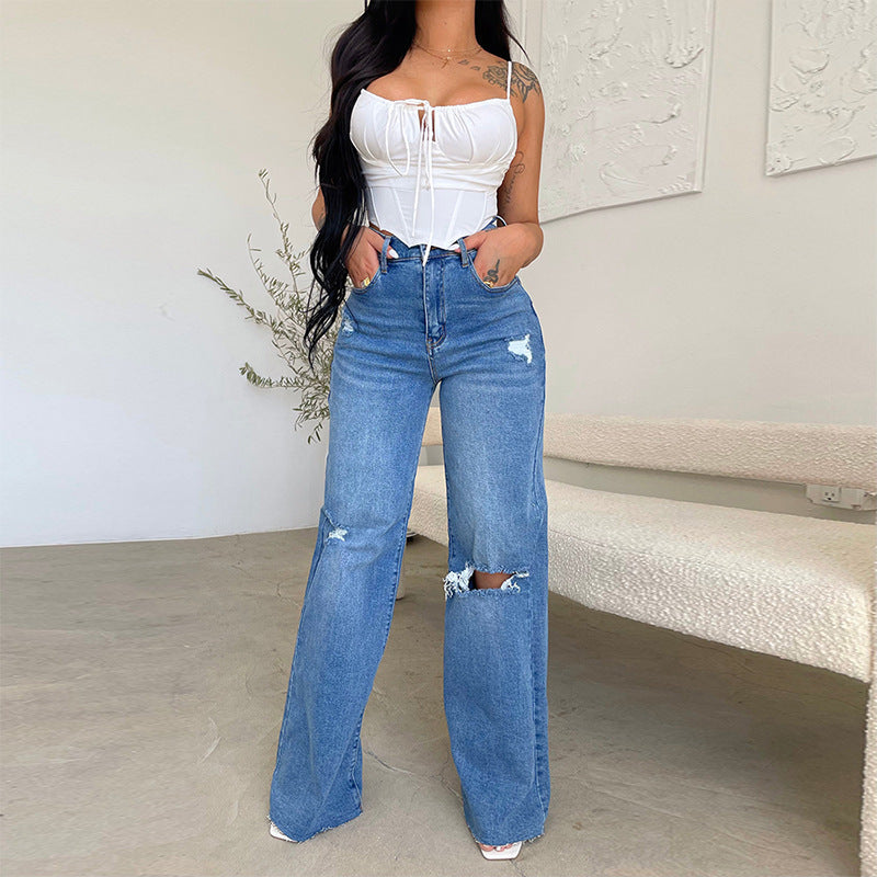 Factory direct  women's jeans: long, high-waisted, distressed, raw hem, hot-selling european and american style, comfortable wide-leg pants