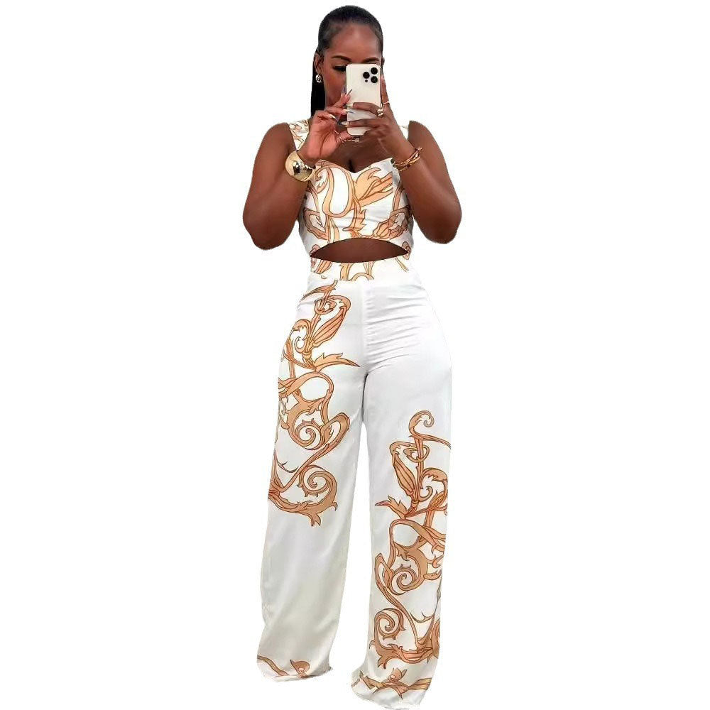 S10805 European, American, sexy, printed suspender high-waisted wide-leg pants two-piece set