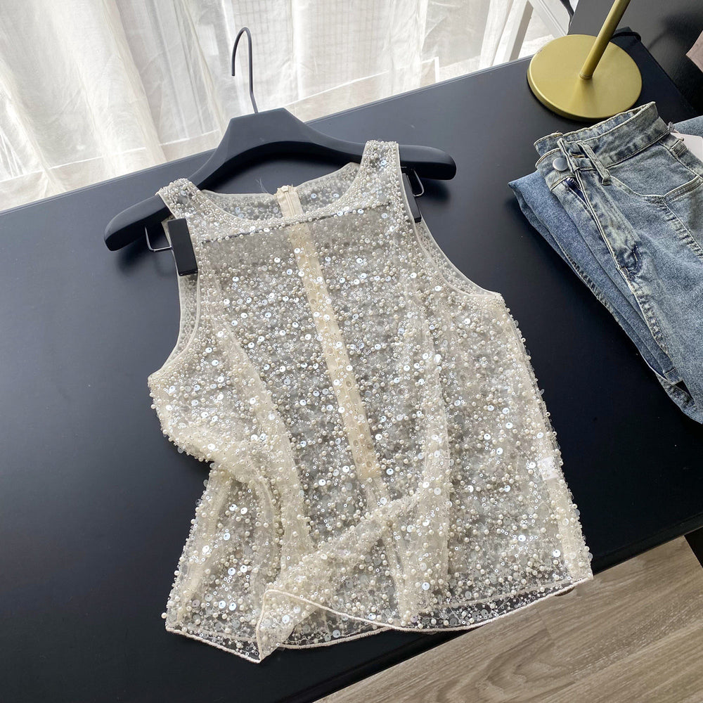 Luxury sequin & beaded mesh tank top -  summer collection - elegant & versatile sleeveless top for the modern woman