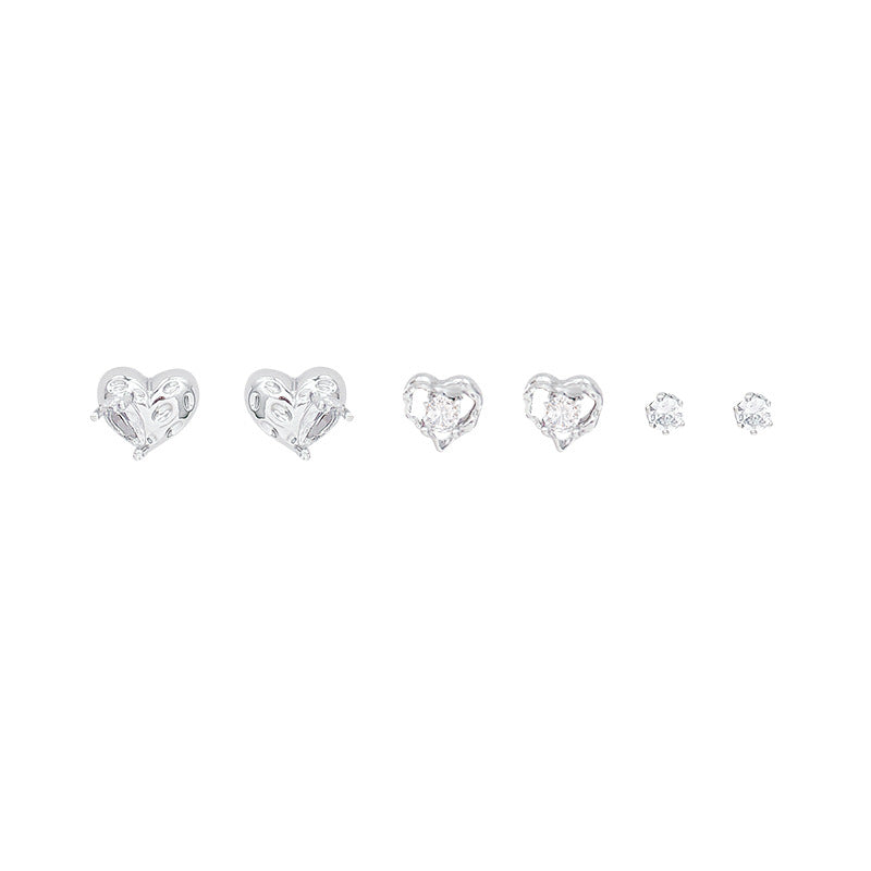 Sweet and cool style multi-pair set of heart-shaped starburst stud earrings, exquisite zircon combination earrings, niche high-end elegant earrings