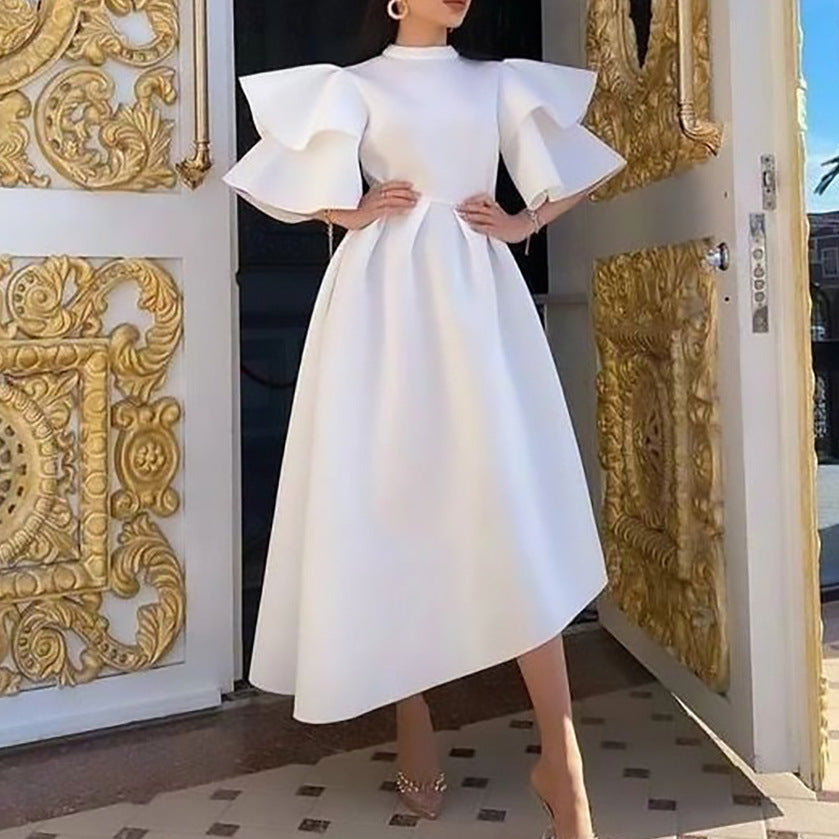 Women's foreign trade summer  new high neck ruffle sleeve high waist asymmetrical evening gown plus size european and american style dress